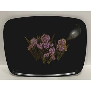 Vintage Couroc of Monterey Black Serving Tray Purple Iris Flower Gold Inlay MCM